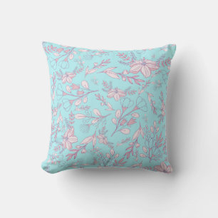 Elegant Flowers and Leaves on Blue Background Cushion