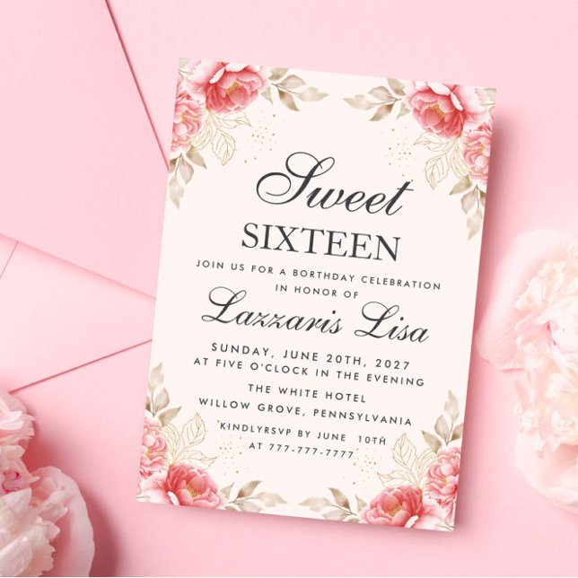 Elegant Flowers Birthday Gold  Sweet 16 Invitation (Creator Uploaded)