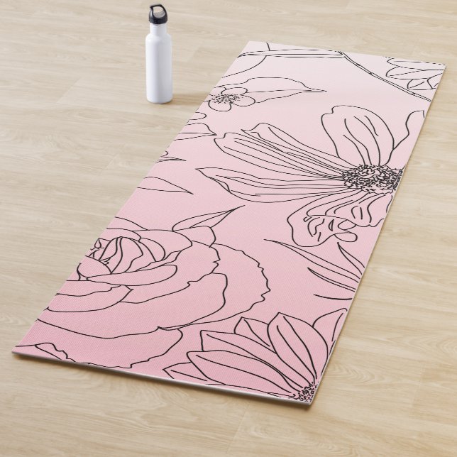 Elegant Flowers Black Outline Pink Gradient Design Yoga Mat (In Situ)