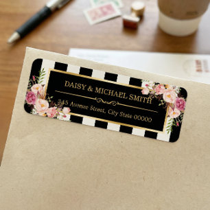 Elegant Flowers Black White Stripes Gold Frame Return Address Label