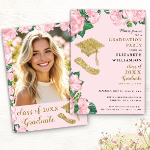 Elegant Flowers Blush Pink and Gold Graduation Invitation