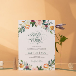 Elegant Flowers Border Save the Date Typography Invitation