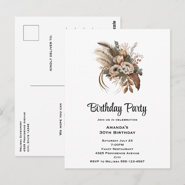 Elegant Flowers Foliage and Feather Birthday Party Postcard (Front/Back)