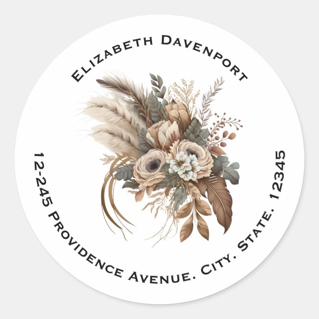 Elegant Flowers Foliage and Feathers Address Classic Round Sticker (Front)