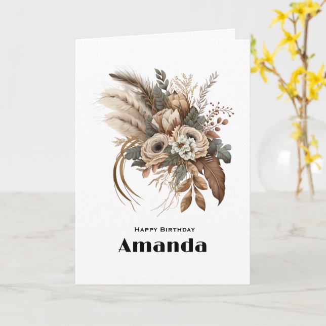 Elegant Flowers Foliage and Feathers Birthday Card (Yellow Flower)