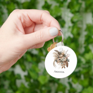Elegant Flowers Foliage and Feathers Key Ring