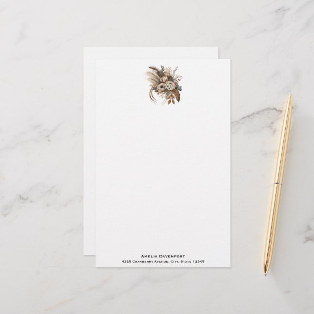 Elegant Flowers Foliage and Feathers Stationery (Front/Back In Situ)