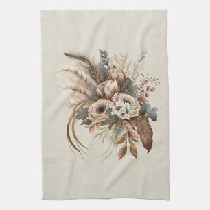 Elegant Flowers Foliage and Feathers Tea Towel
