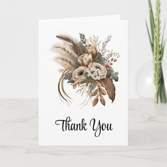 Elegant Flowers Foliage and Feathers Thank You Card (Front)