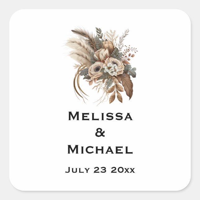 Elegant Flowers Foliage and Feathers Wedding Date Square Sticker (Front)