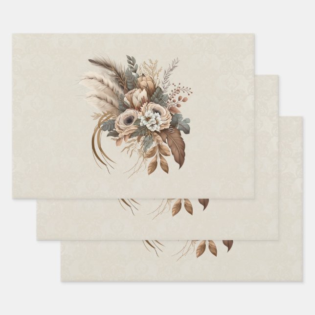 Elegant Flowers Foliage and Feathers Wrapping Paper Sheet (Set)