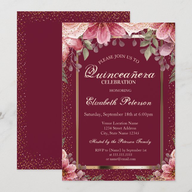 Elegant Flowers Frame Confetti  Quinceañera Invitation (Front/Back)