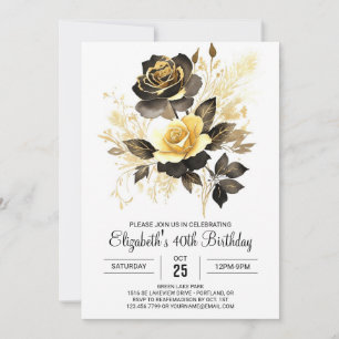 Elegant Flowers Gold and Black 30th Birthday Invitation