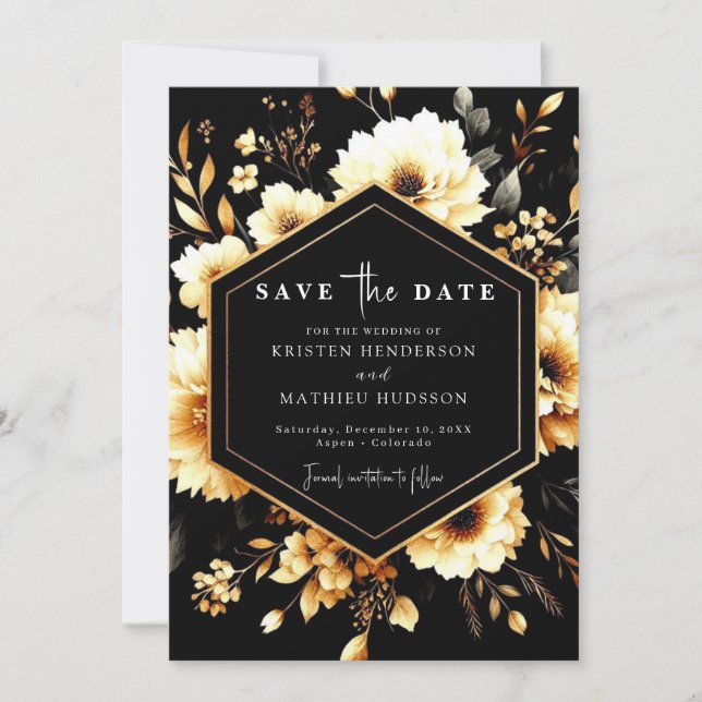 Elegant Flowers Gold and Black Wedding Save The Date (Front)