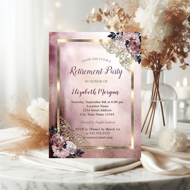Elegant Flowers Gold Frame Retirement  Invitation (Creator Uploaded)