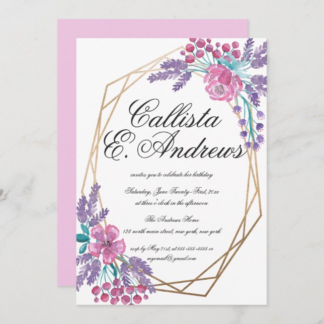 Elegant Flowers Gold Terrarium Watercolor Birthday Invitation (Front/Back)