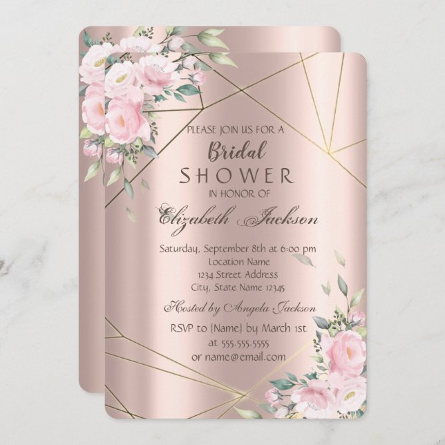 Elegant Flowers Lines Rose Gold Bridal Shower Invitation (Front/Back)