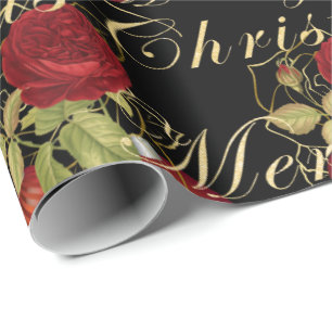 Elegant flowers Merry Christmas gold glitter black Wrapping Paper