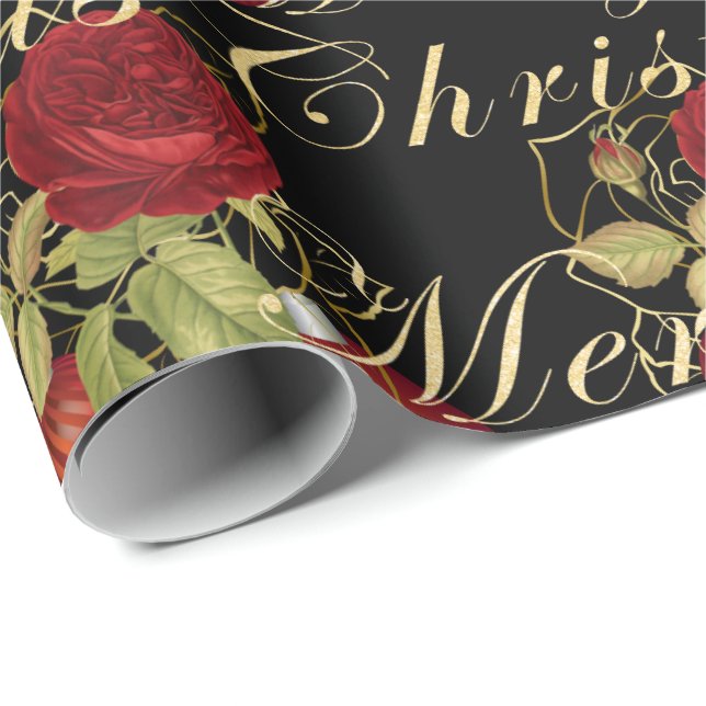 Elegant flowers Merry Christmas gold glitter black Wrapping Paper (Roll Corner)
