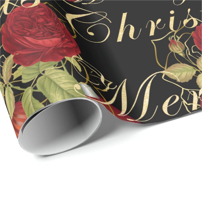 Elegant flowers Merry Christmas gold glitter black Wrapping Paper (Roll Corner)