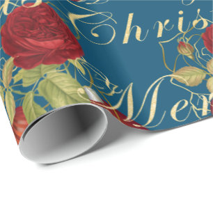 Elegant flowers Merry Christmas gold glitter blue Wrapping Paper