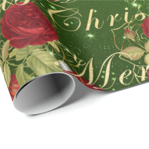 Elegant flowers Merry Christmas gold glitter green Wrapping Paper