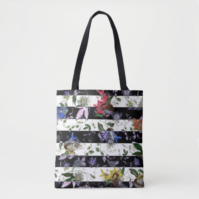 Elegant Flowers on Black and White Stripes Tote Bag (Front)