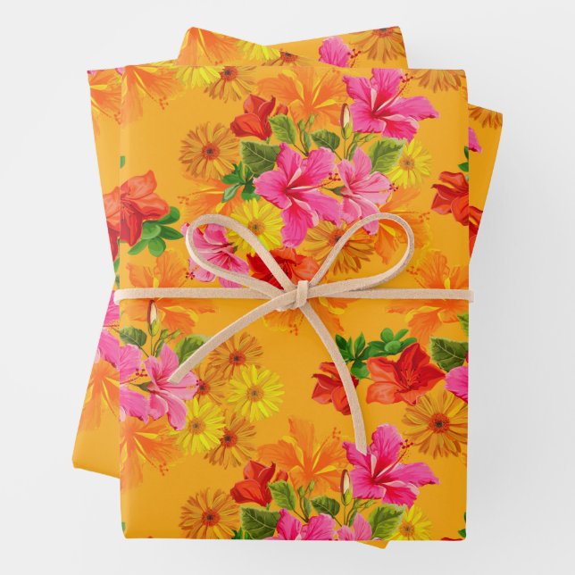 Elegant Flowers on Orange Wrapping Paper Sheet (In situ)