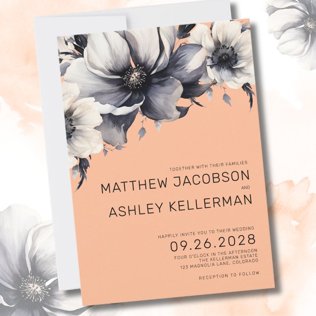 Elegant Flowers Peach Floral Wedding Invitation (Modern Elegant Watercolor Floral Peach Wedding Invitation)