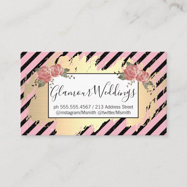 Elegant Flowers / Pink / Gold Business Card (Front)