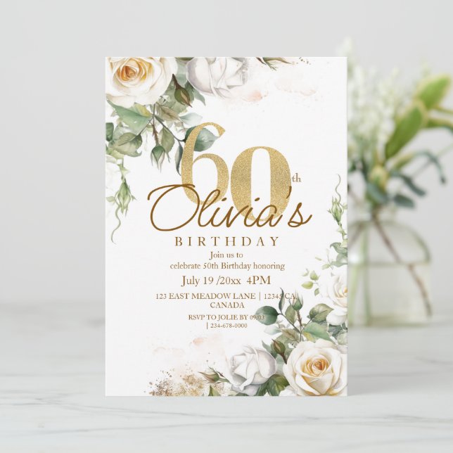 Elegant Flowers Rose Gold 60th Birthday Invitation (Standing Front)