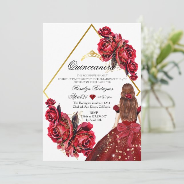 Elegant Flowers Rose Gold Quinveanera Invitation (Standing Front)