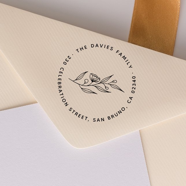 Elegant Flowers Round Family Name & Return Address Rubber Stamp (Stamp Mock-up)