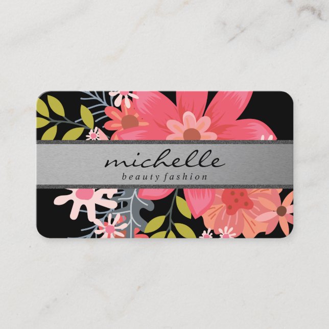 Elegant Flowers Silver Band Business Card (Front)