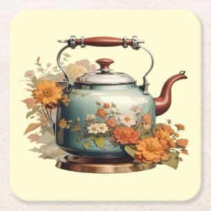 Elegant Flowers Tea Pot Coffee Cute Drink Setting Square Paper Coaster