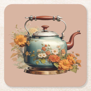 Elegant Flowers Tea Pot Coffee Drink Setting Cute Square Paper Coaster
