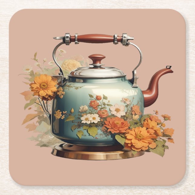 Elegant Flowers Tea Pot Coffee Drink Setting Cute  Square Paper Coaster (Front)