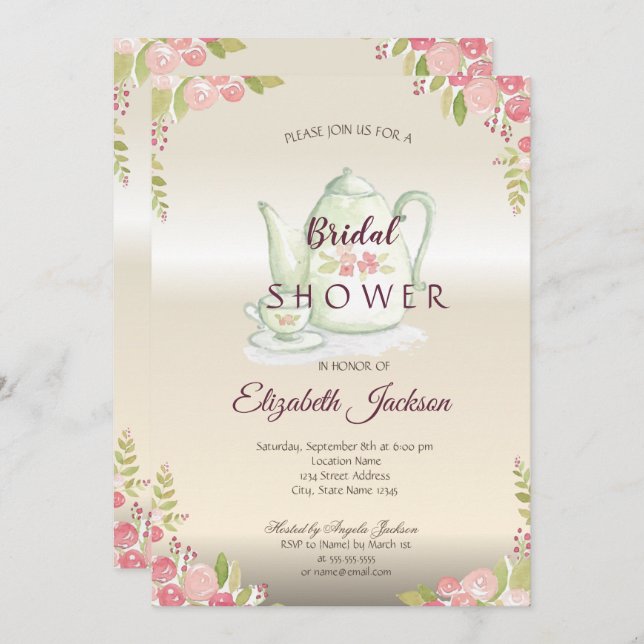 Elegant Flowers Teapot Bridal Shower Invitation (Front/Back)
