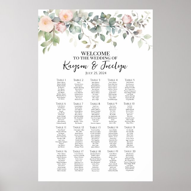 Elegant flowers wedding seating chart 20 tables (Front)