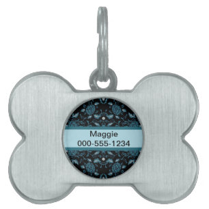 Elegant Flowery Black and Teal Damask Pet Tag