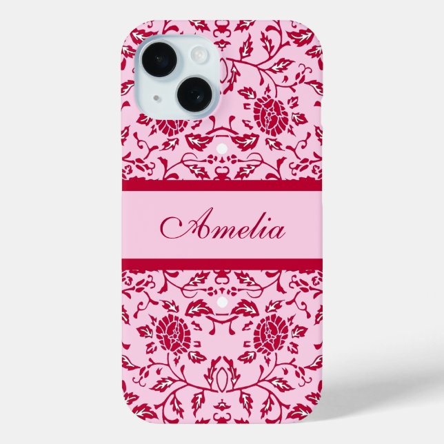Elegant Flowery Pink and Red Damask Case-Mate iPhone Case (Back)