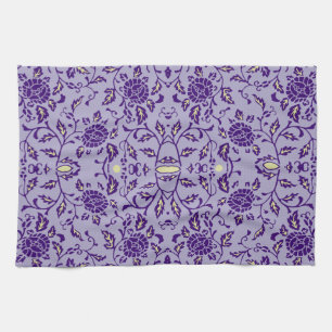 Elegant Flowery Purple Damask Tea Towel