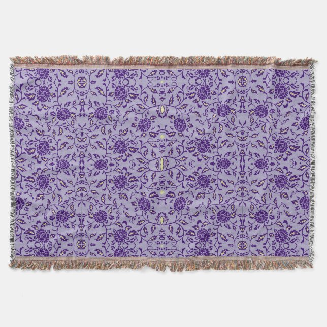 Elegant Flowery Purple Damask Throw Blanket (Front)