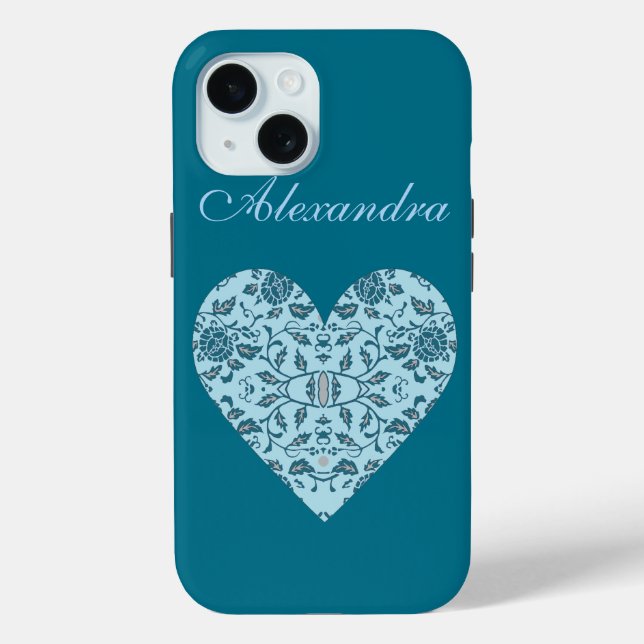 Elegant Flowery Teal Damask Heart Case-Mate iPhone Case (Back)