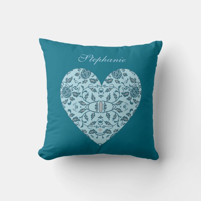 Elegant Flowery Teal Damask Heart Cushion (Front)