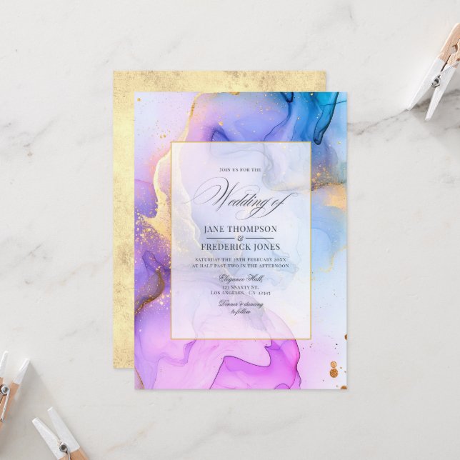 Elegant Flowing Alcohol Ink Wedding Invitation (Front/Back In Situ)