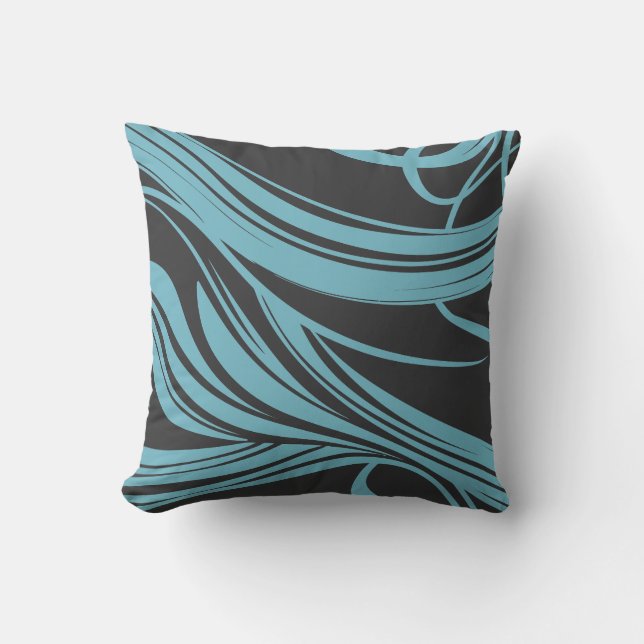 Elegant Flowing Lines in Turquoise on Black Cushion (Front)