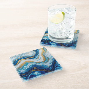 Elegant Fluid Art Decorative Tiles – Abstract Blue Glass Coaster