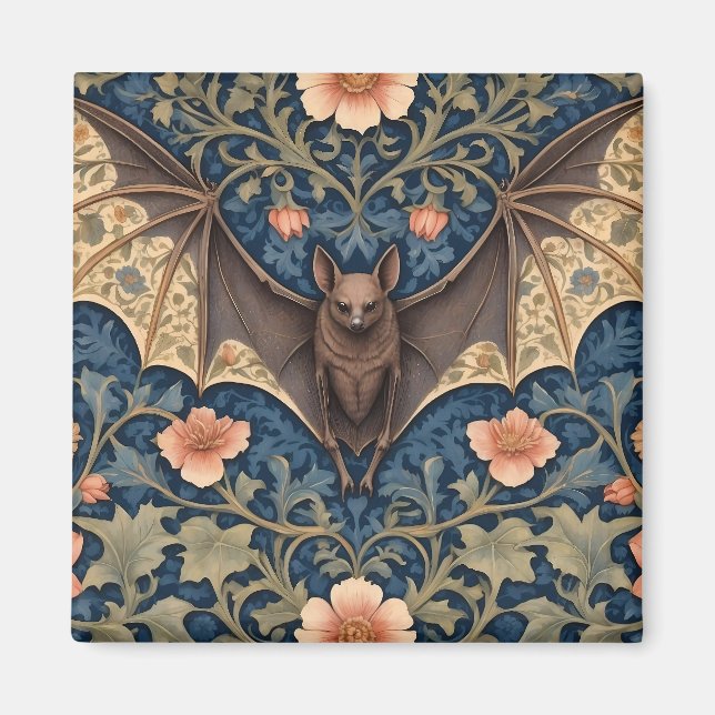 Elegant Flying Bat William Morris Inspired Floral Magnet (Front)