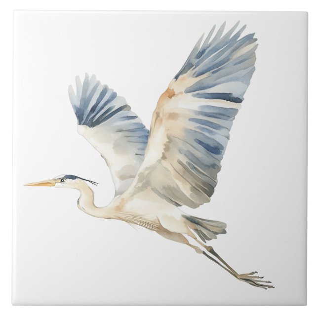 Elegant Flying Blue Heron White Ceramic Tile (Front)